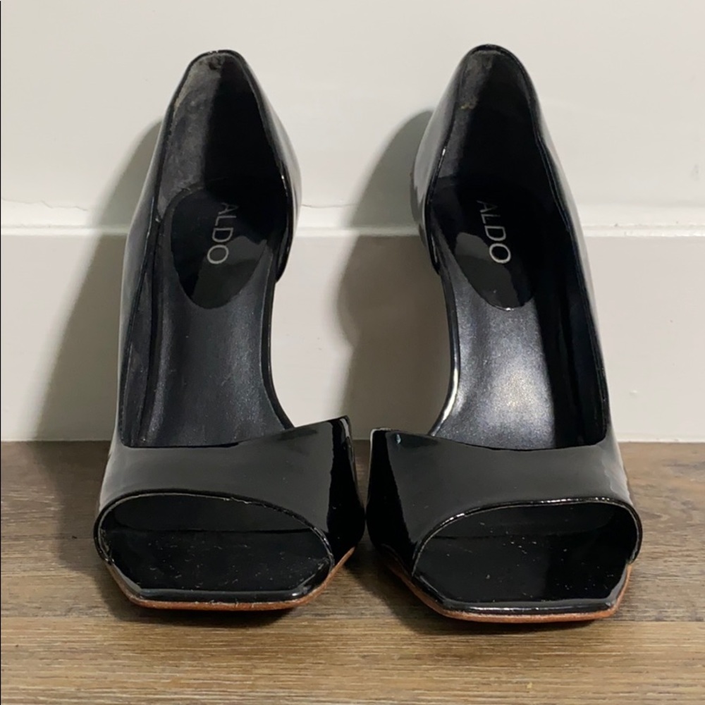 Aldo, Black Squared Open Toe Heels, size 7.5
